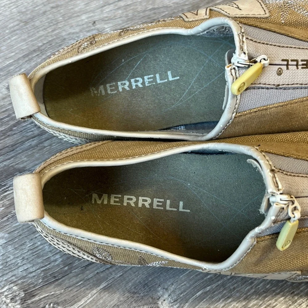 Merrell Barrado Sport Beige Tan Canvas Leather Zip Sneakers Womens 8.5 J73928